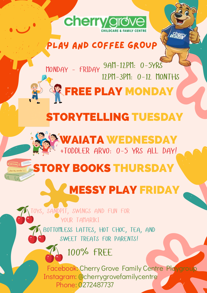 Flyer for Cherry Grove childcare center: Playgroup & coffee group schedule for ages 0-5 years, Monday-Friday, with activity details.