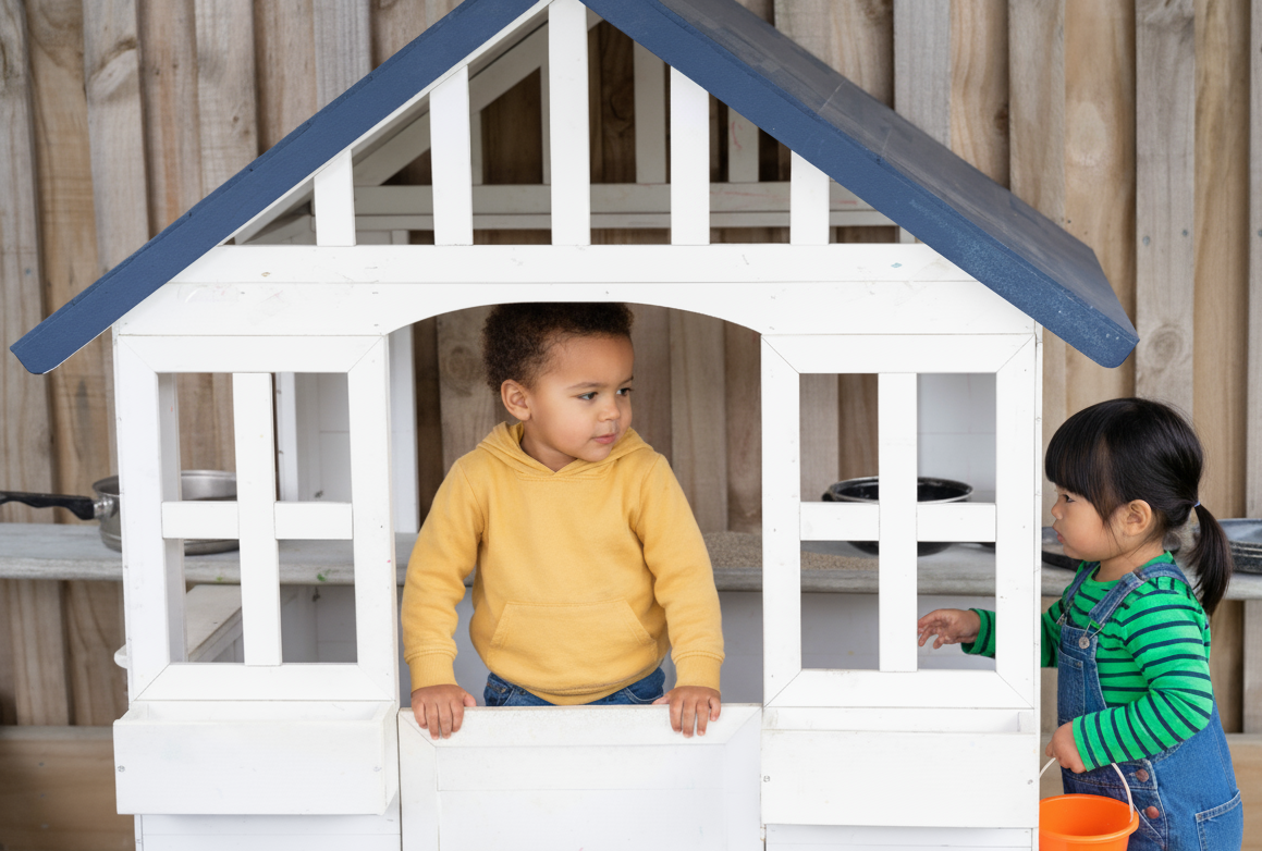 Two young children playing in a white playhouse with a blue roof; one looks out a window, the other holds an orange bucket.