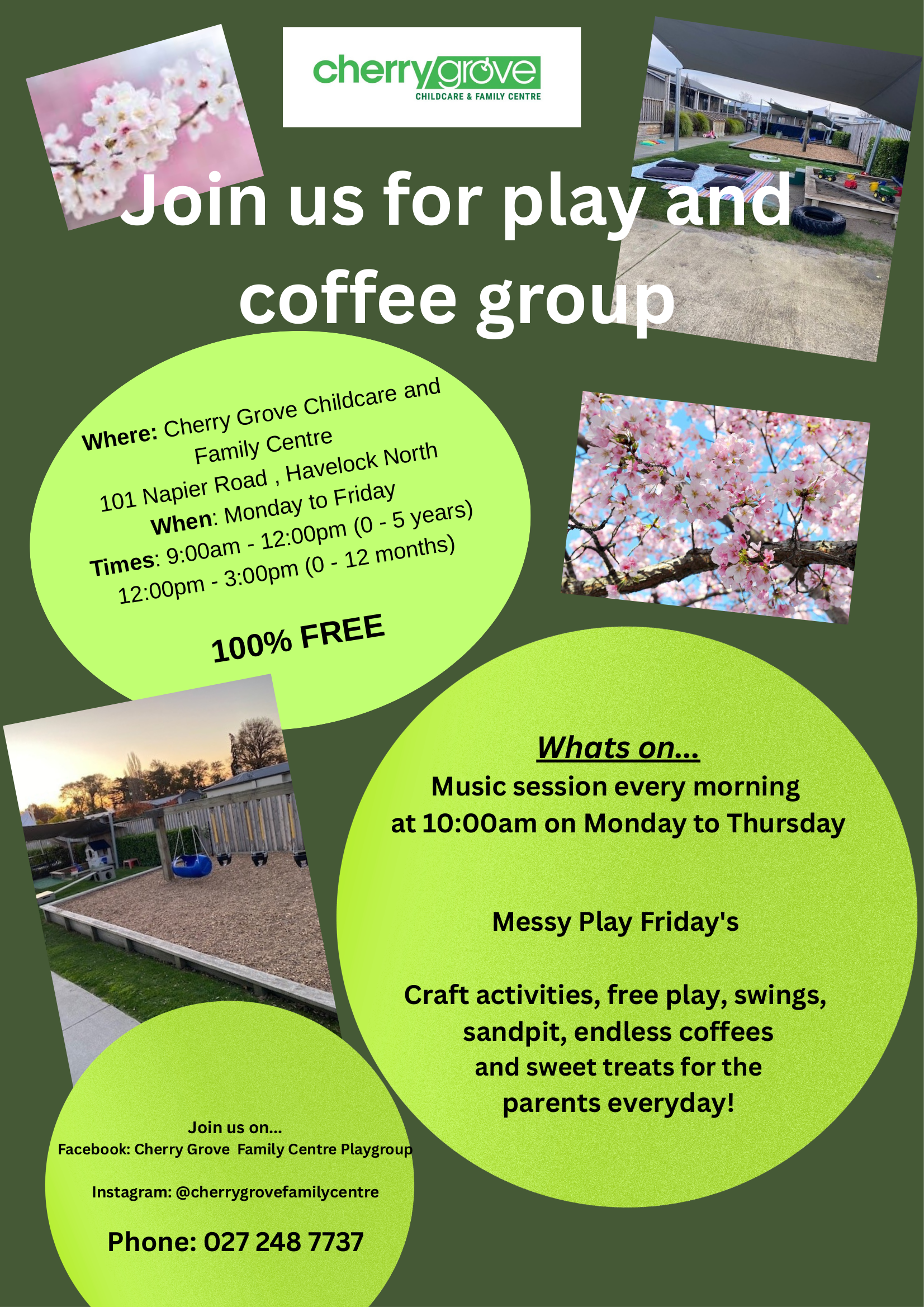 Flyer for Cherry Grove childcare center: Playgroup & coffee group schedule for ages 0-5 years, Monday-Friday, with activity details.