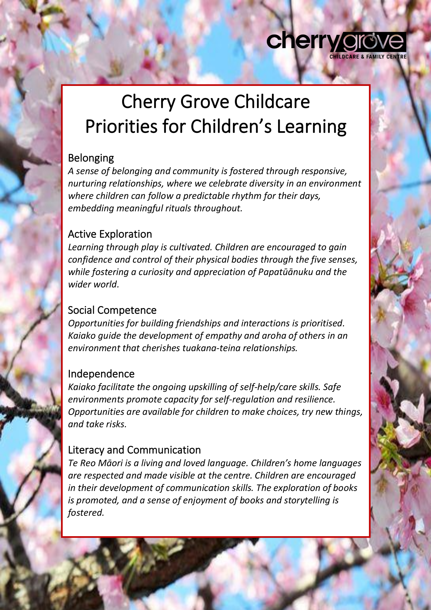 Cherry Grove Childcare document: Priorities for Children's Learning, on a floral background.