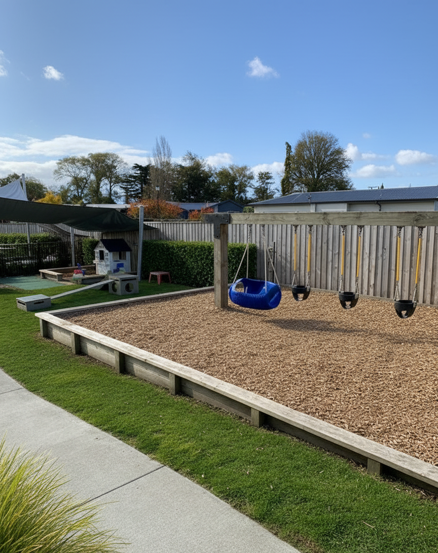 Playground with swings and woodchip ground; fenced area with blue sky.