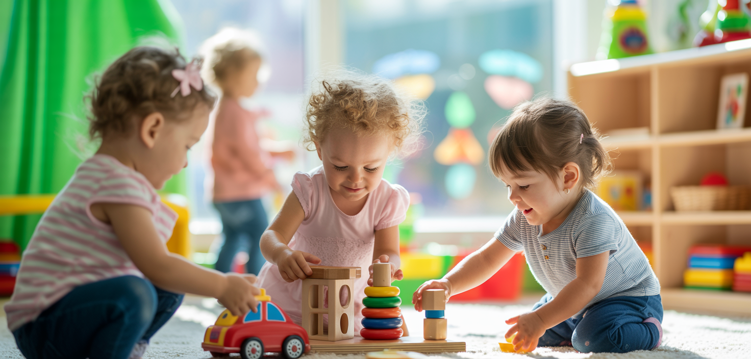 Children playing with toys on the floor in a brightly lit preschool classroom.