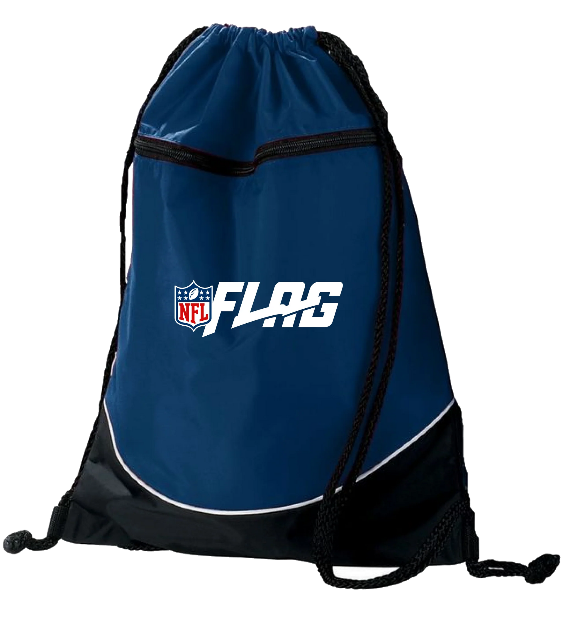 Blue NFL FLAG drawstring backpack with black bottom and trim, shown on a white background