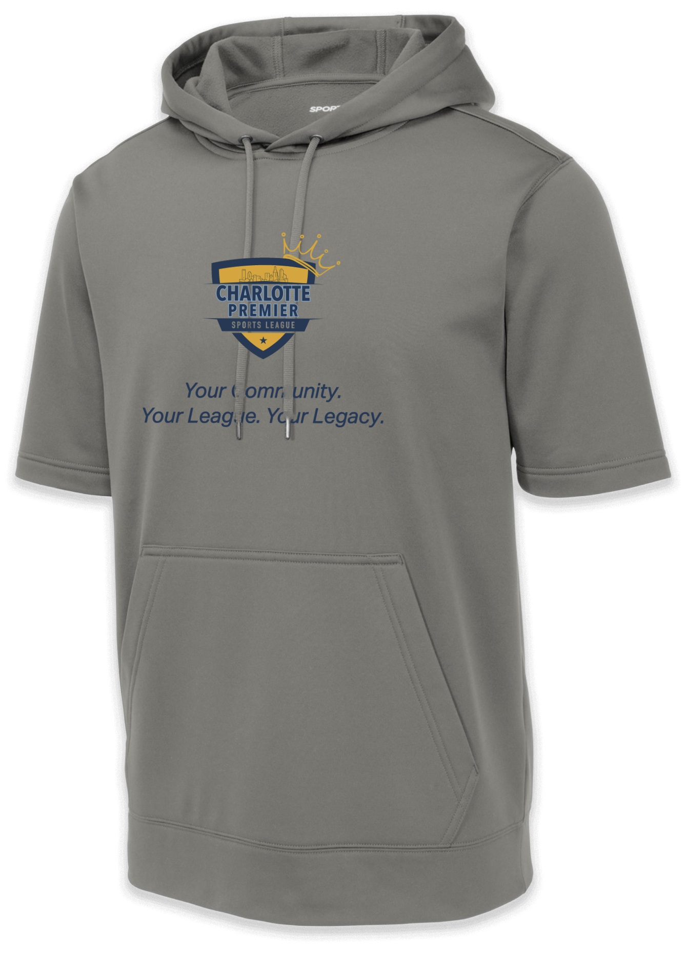 Gray hooded short-sleeve sweatshirt with a small chest logo and front pocket