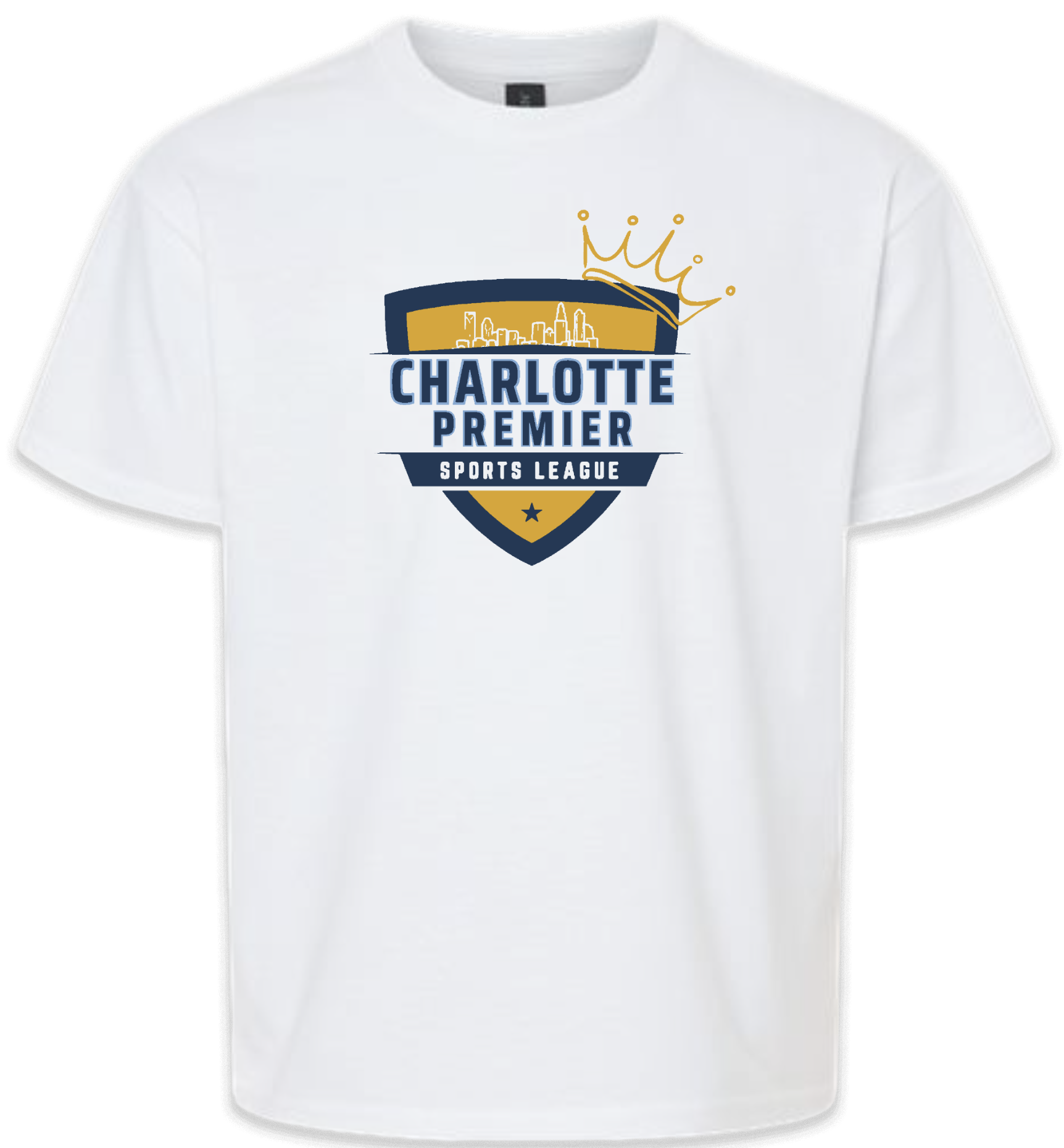 White T-shirt with Charlotte Premier Sports League logo in blue, gold, and black