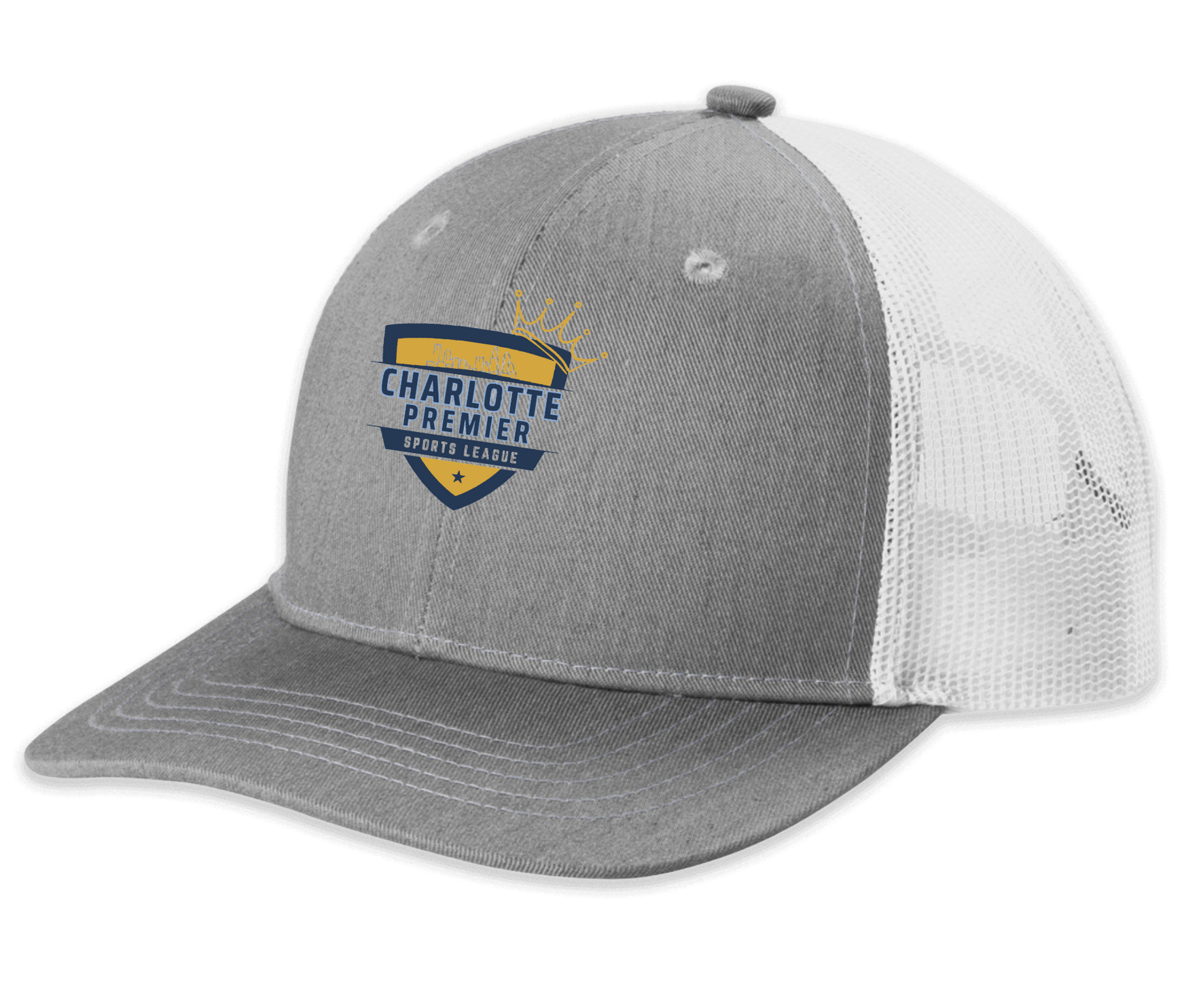 Gray and white mesh baseball cap with Charlotte Premier shield logo on the front