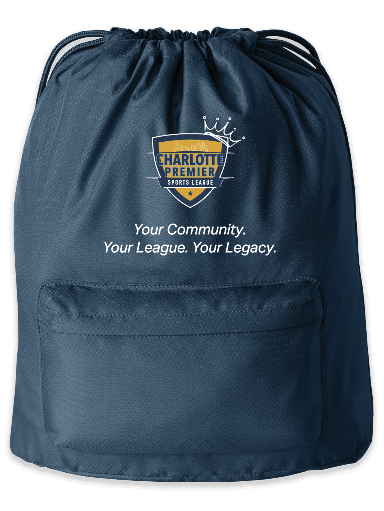 Navy drawstring backpack with Charlotte Harbor logo and slogan, “Your Community. Your League. Your Legacy.”