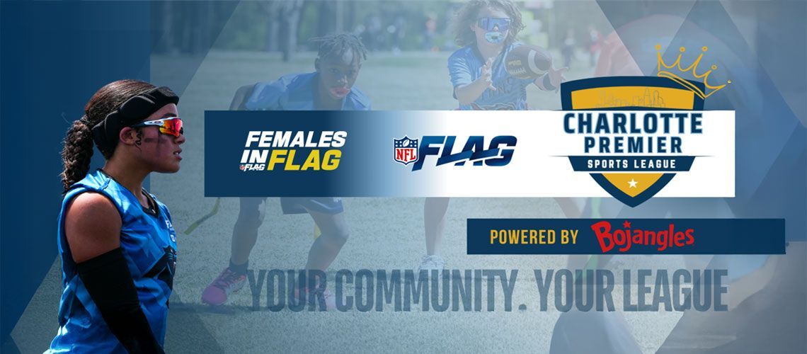 Females in Flag Charlotte Premier League banner with football player and league logos on blue background