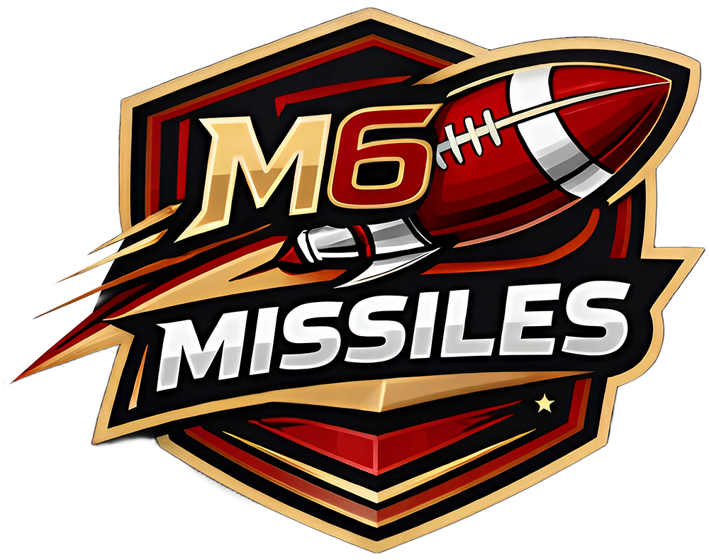 M6 Missiles flag football logo in black, red, gold, and white with a shield and football graphic