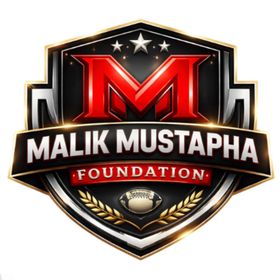 Malik Mustapha Foundation logo with red “M” shield, black and gold accents, stars, and football emblem