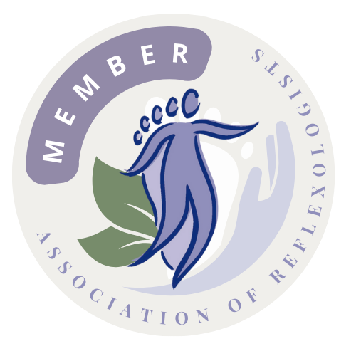 Logo: Member of Association of Reflexologists; purple foot with hands, leaves, text.