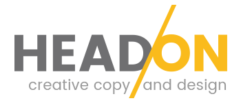 Logo for Head On creative copy and design: grey text with a yellow slash through the 