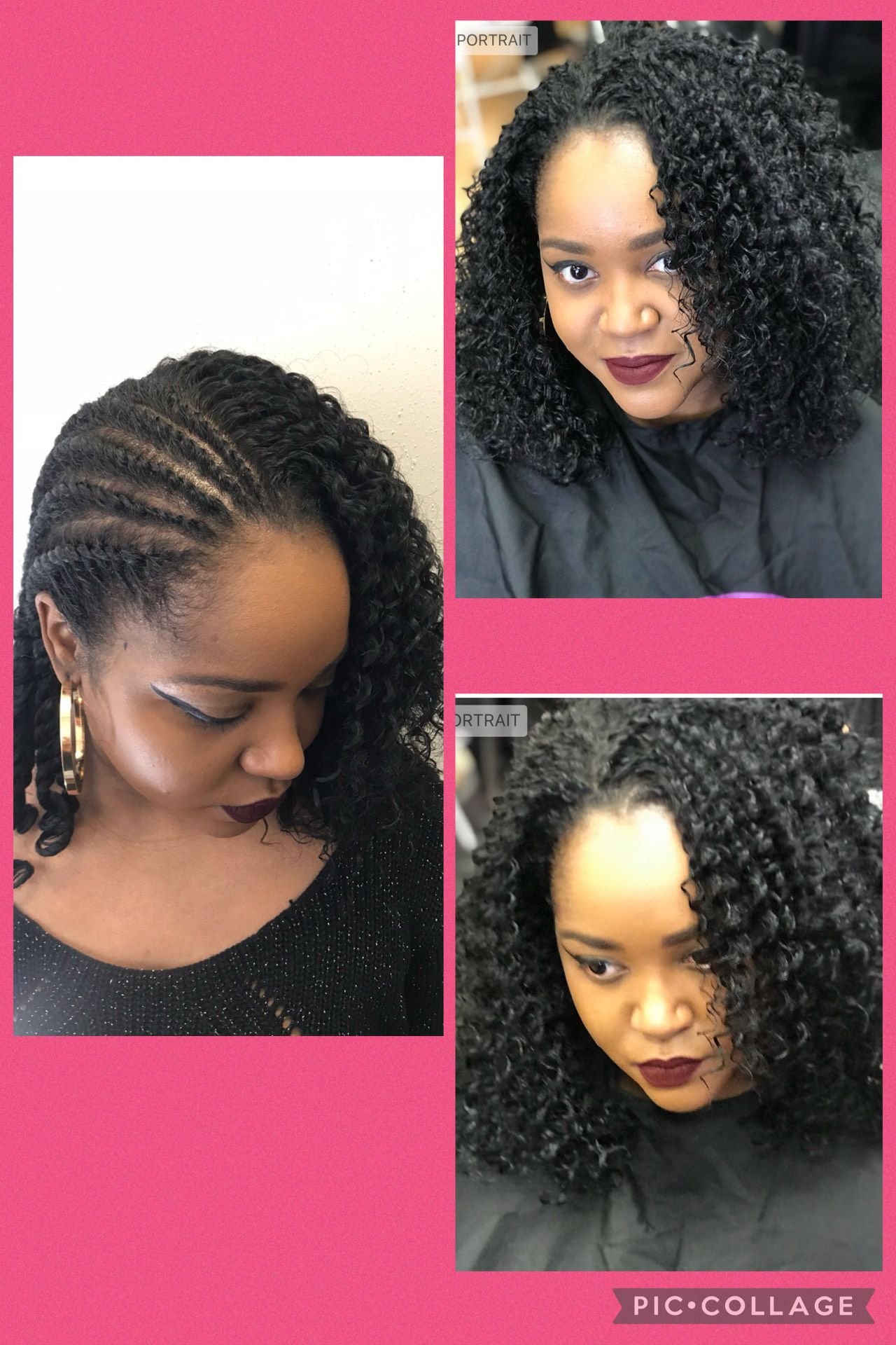 Collage of a Black woman with curly hair; includes side braid and two front-facing shots with dark lipstick.