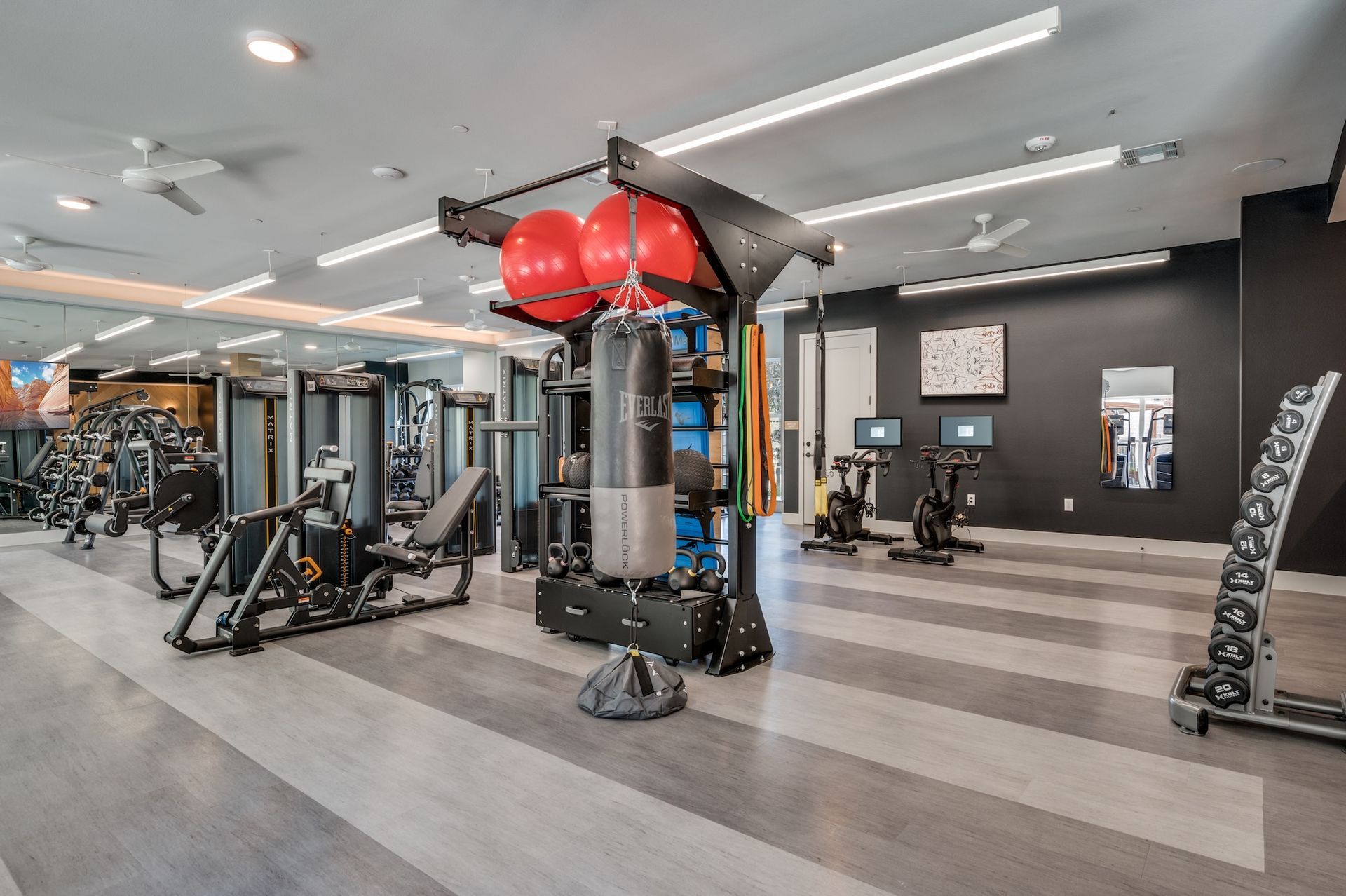 Gym interior with exercise equipment, including weight machines, punching bag, and free weights.