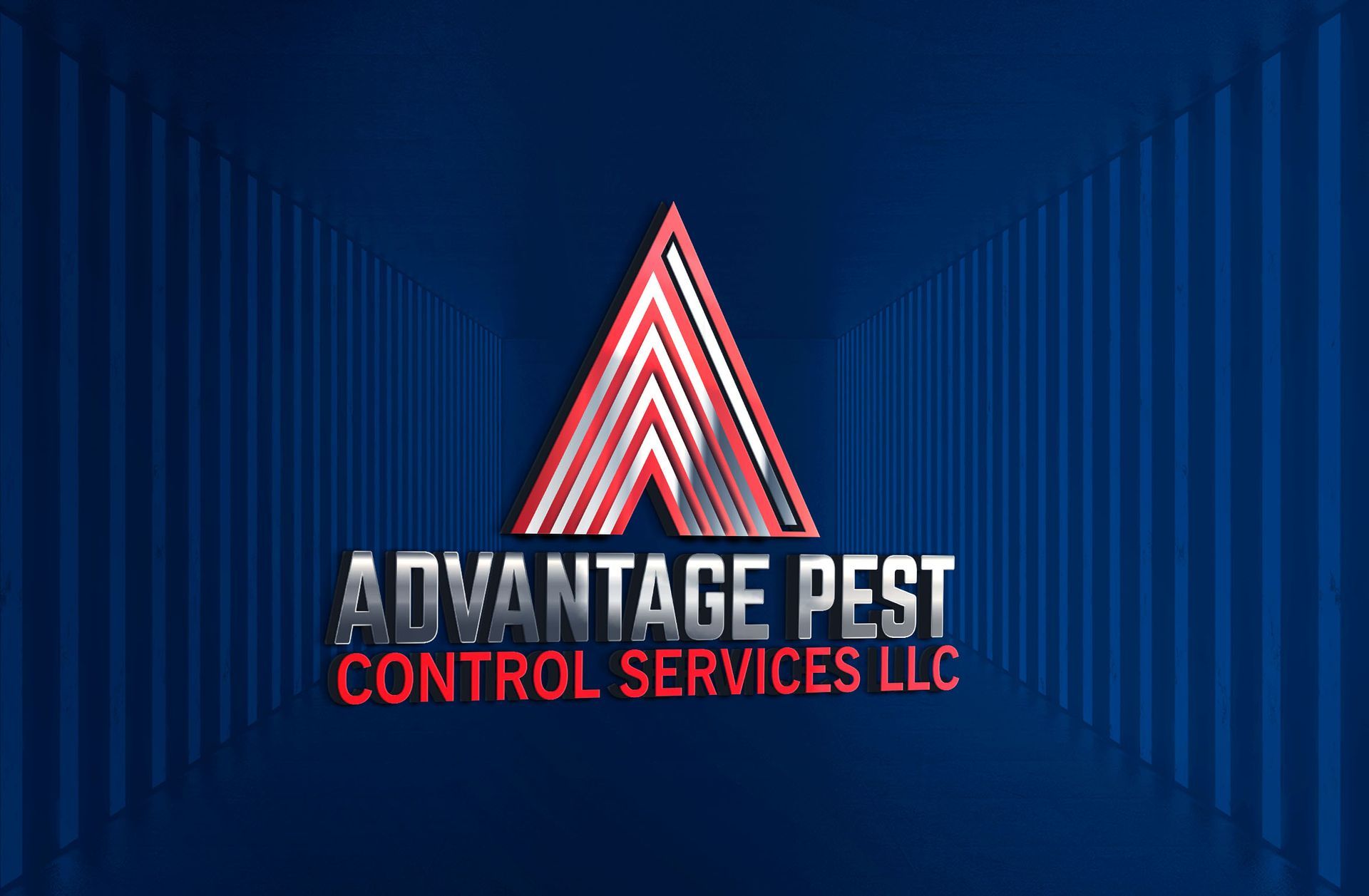 Logo for Advantage Pest Control Services LLC: red and white triangular design over text on blue background.