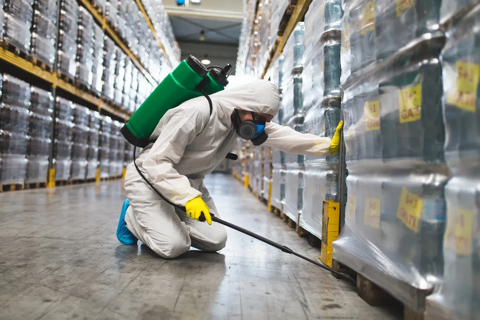 Person in protective suit spraying insecticide in warehouse.