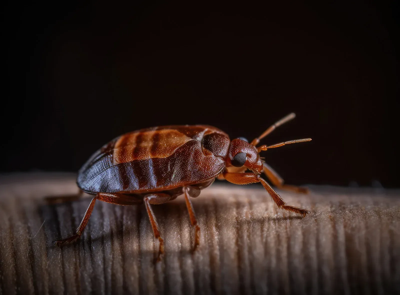 Brown insect with striped back, perched on wood, dark background.