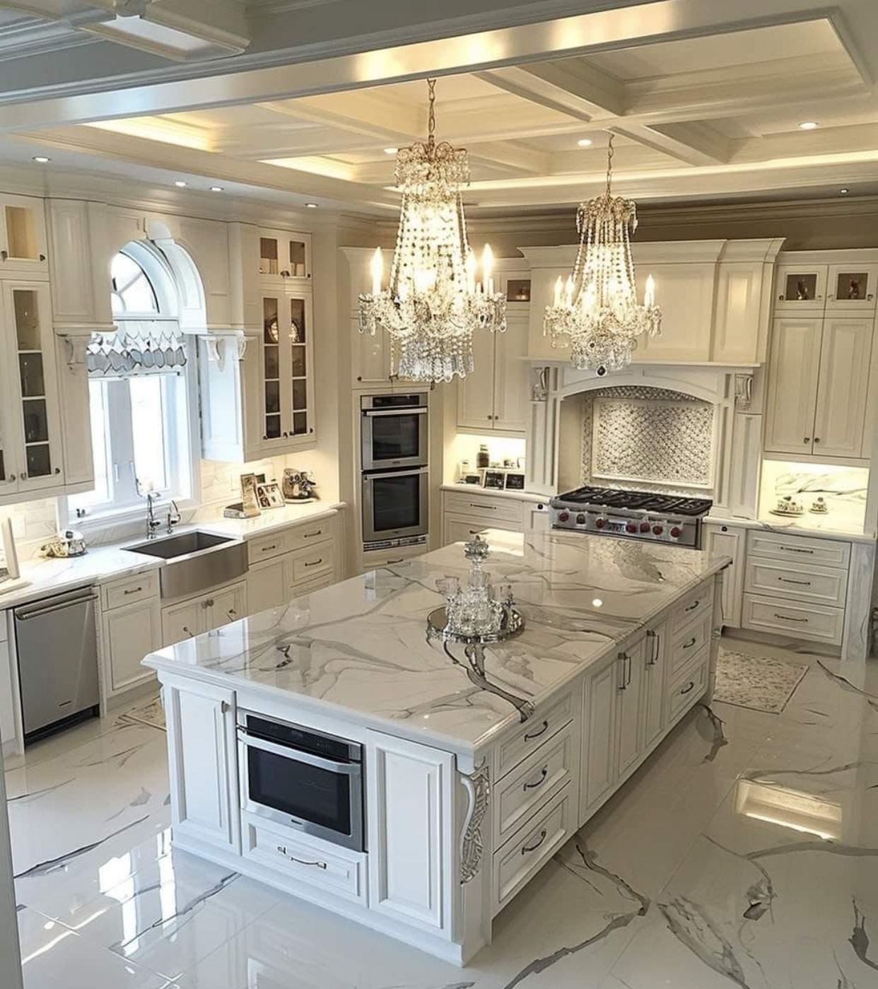 There is a large island in the middle of the kitchen.