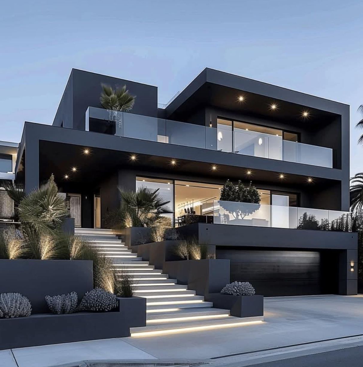 A large black house with stairs leading up to it.