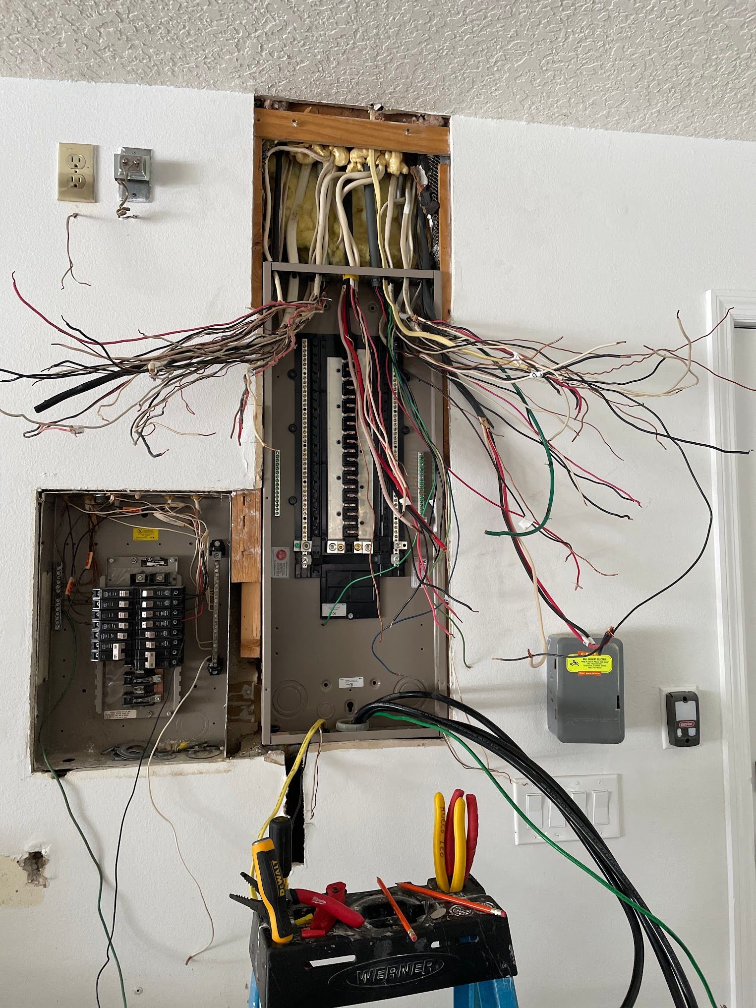 An electrical box with a lot of wires coming out of it.