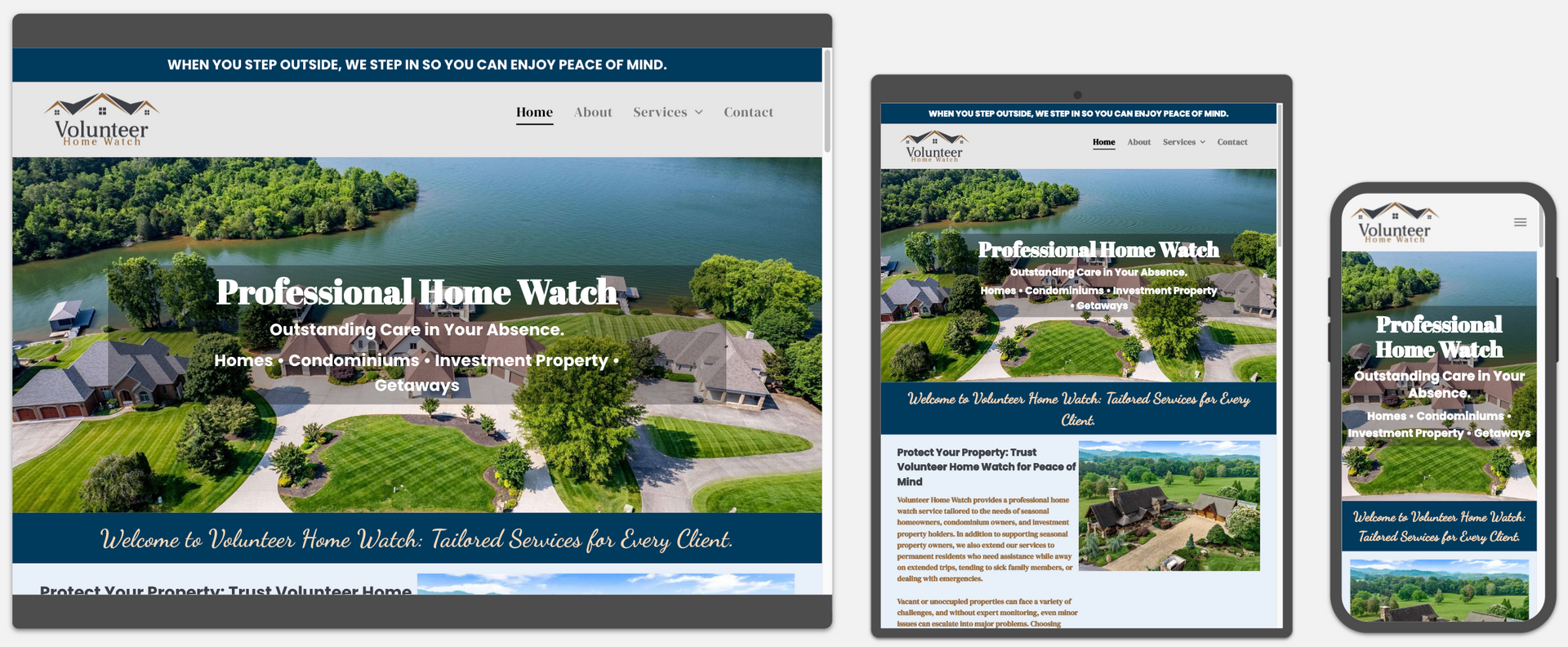 Website design displaying a professional home watch service on a desktop, tablet, and mobile phone.