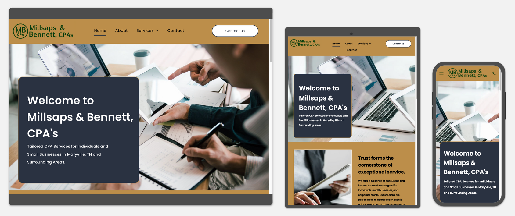 Website design for Milholpa & Bennett, CPAs. Shows website on desktop, tablet and mobile.