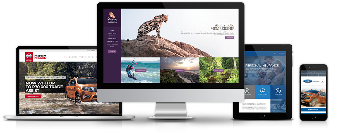 A computer , laptop , tablet , and cell phone are displaying a website.