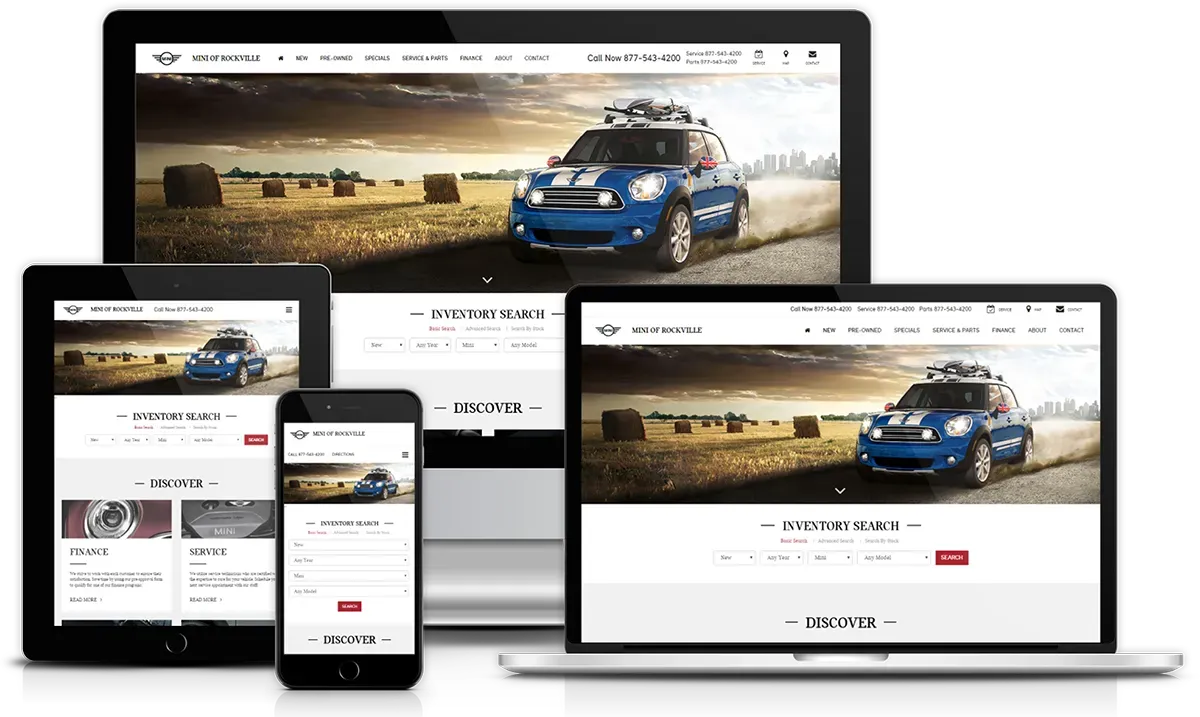 A mini cooper is driving down a dirt road on a website on a laptop , tablet , and phone.