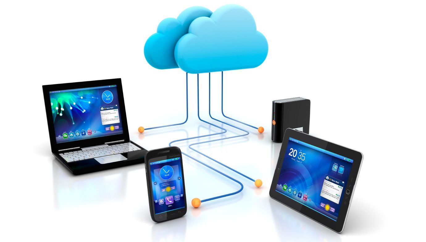 a laptop , cell phone , tablet and server are connected to a cloud .