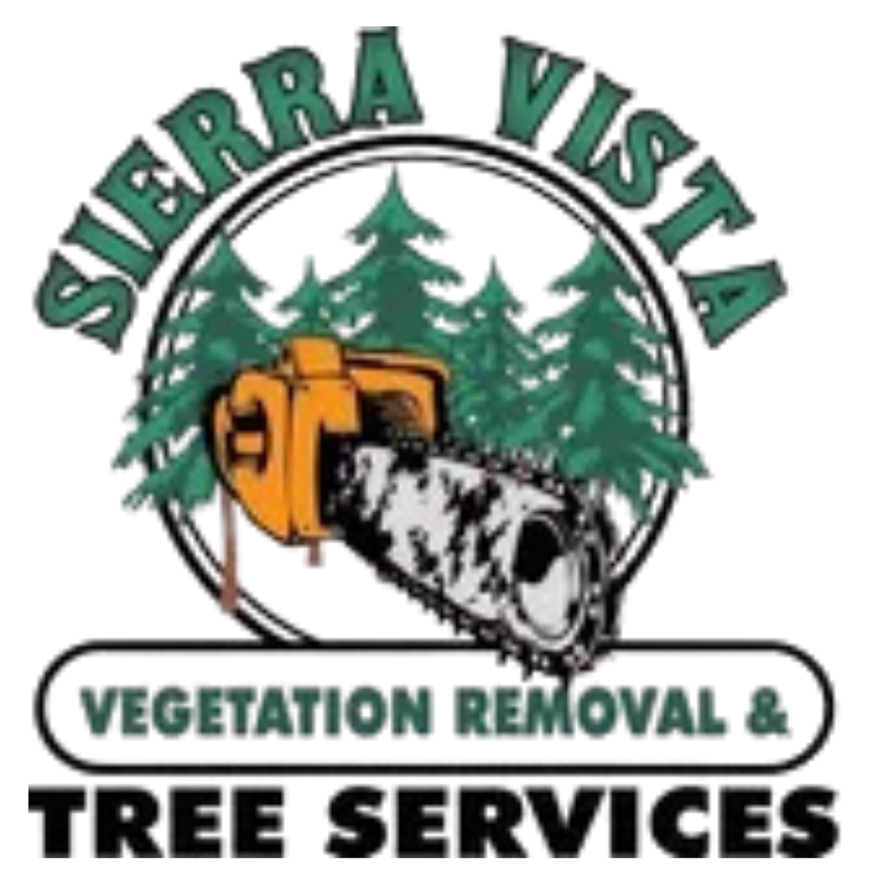 Logo: Sierra Vista, tree services, chainsaw graphic, green and orange.