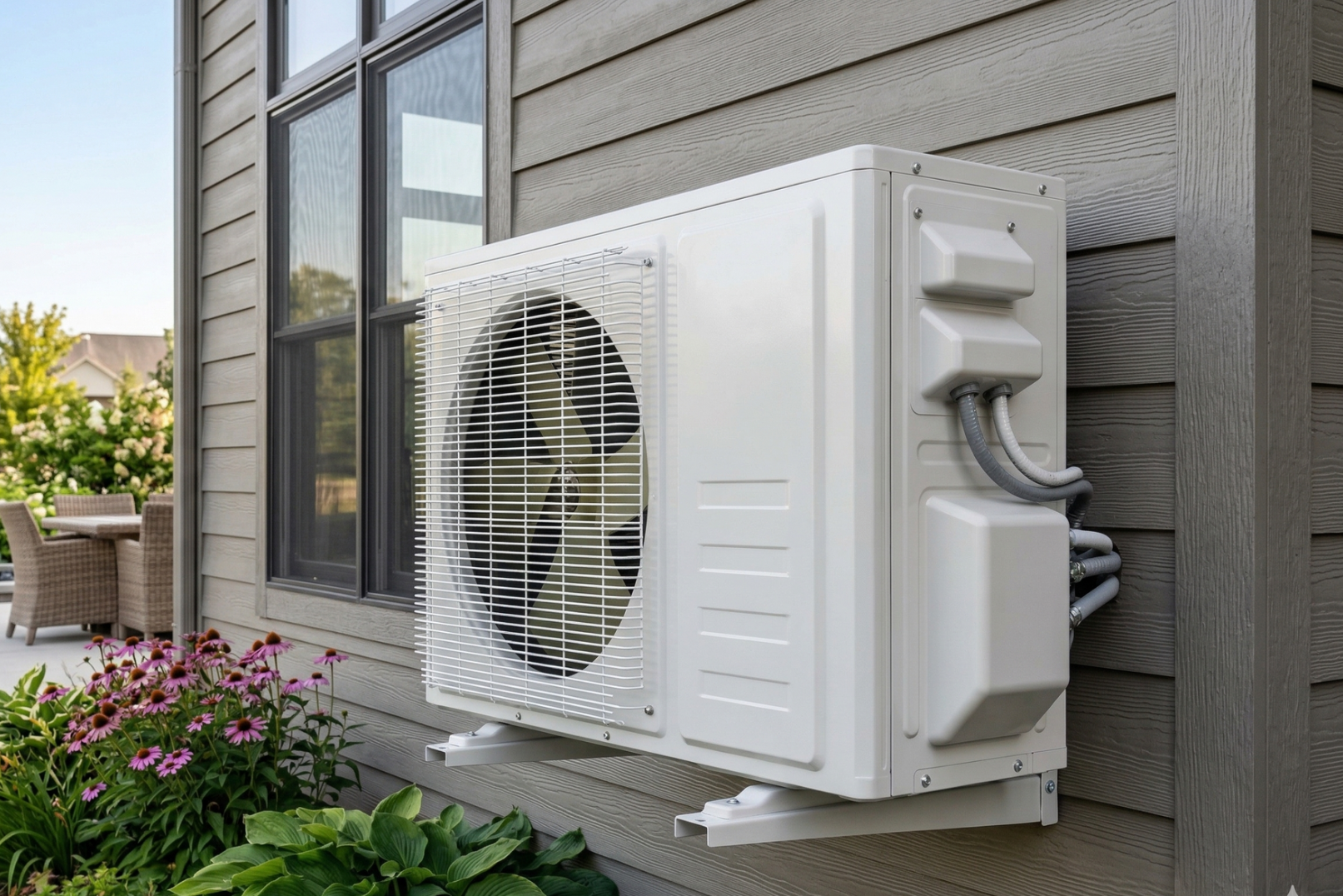 White outdoor HVAC unit mounted on the gray siding of a house next to a window and garden area.