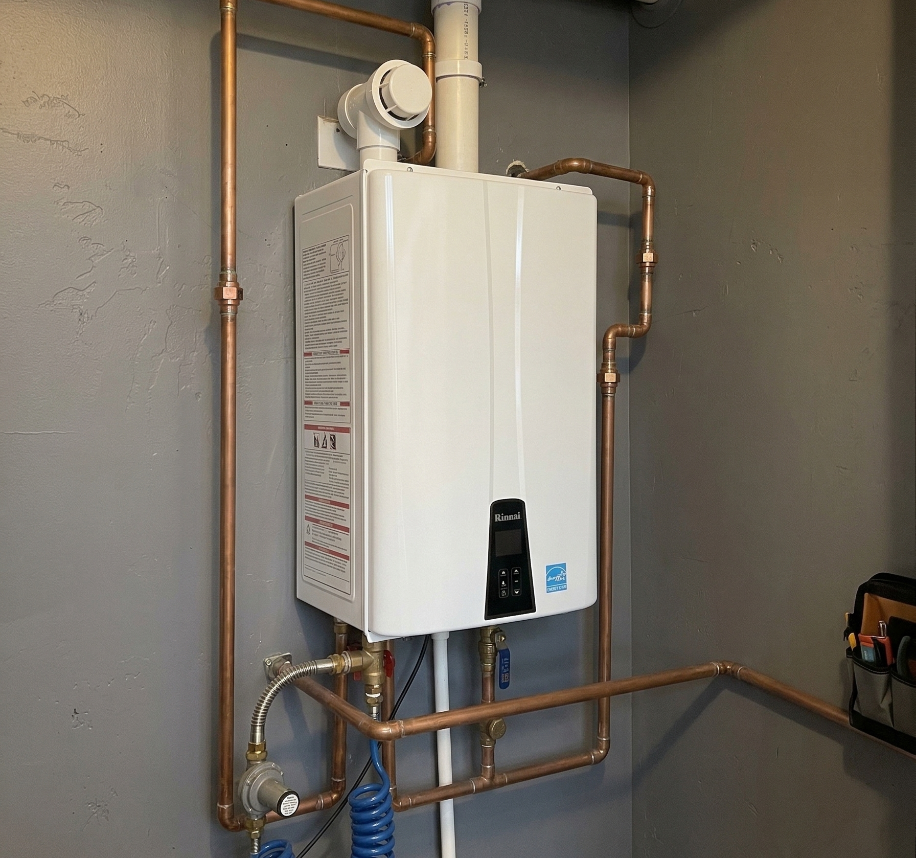 A white tankless water heater mounted on a gray wall, connected by copper pipes and a vertical white vent pipe.