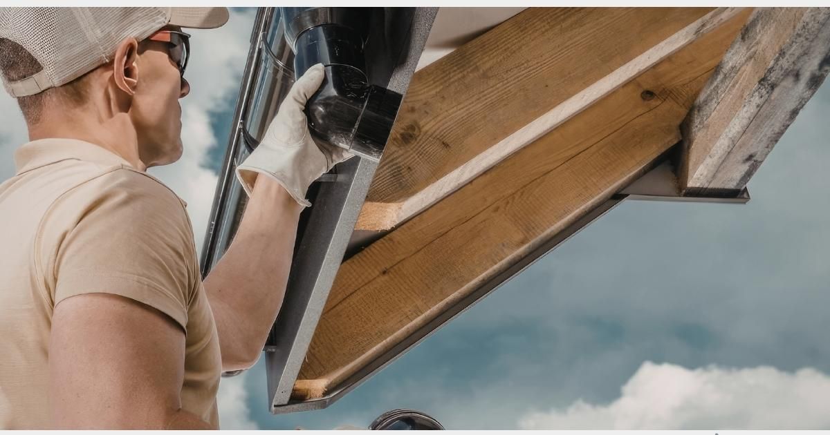 A close up of a gutter with a roof in the background