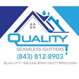 "Quality Seamless Gutters" text inside a stylized gutter outline.