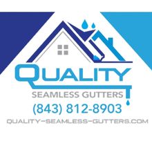 "Quality Seamless Gutters" text inside a stylized gutter outline.