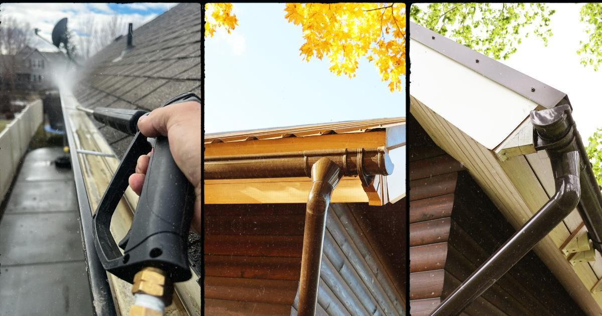 A collage showing a person pressure-washing a rain gutter, followed by clean gutters and downspouts on a home.