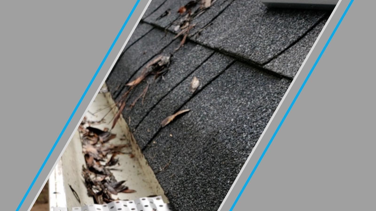 A close up of a gutter on a roof with leaves on it.