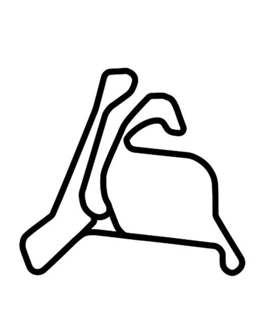 A black and white drawing of a race track on a white background.