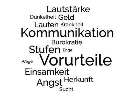 Wortwolke mit verschiedenen Hindernissen, die Menschen haben können. Zum Beispiel Angst, Geld, Treppen, Vorurteile