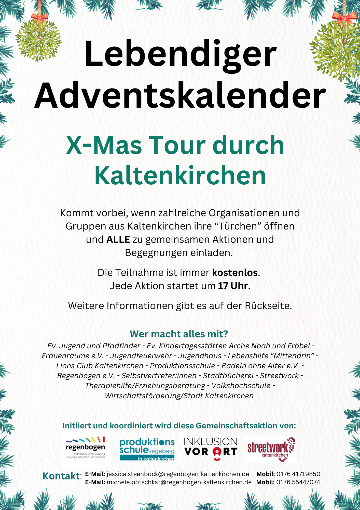Plakat , wo für den Lebendigen Adventskalender geworben wird. Im weihnachtlichen Design.