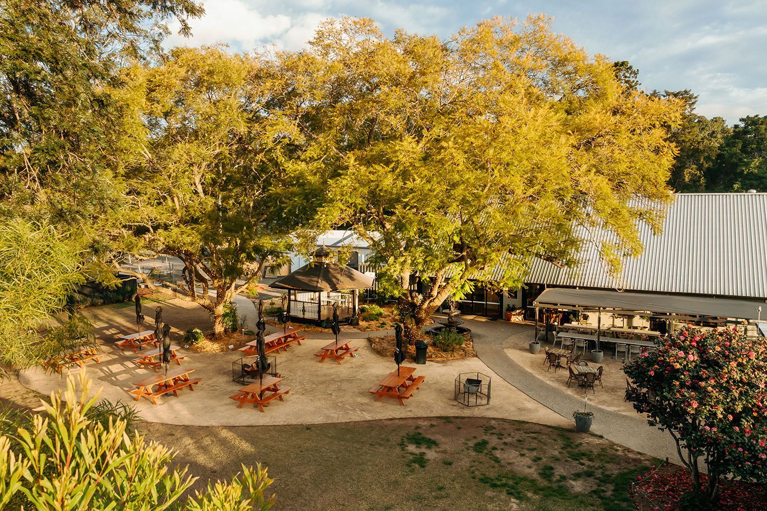 Outdoor dining area with picnic tables beneath large trees, next to a white barn-like structure.