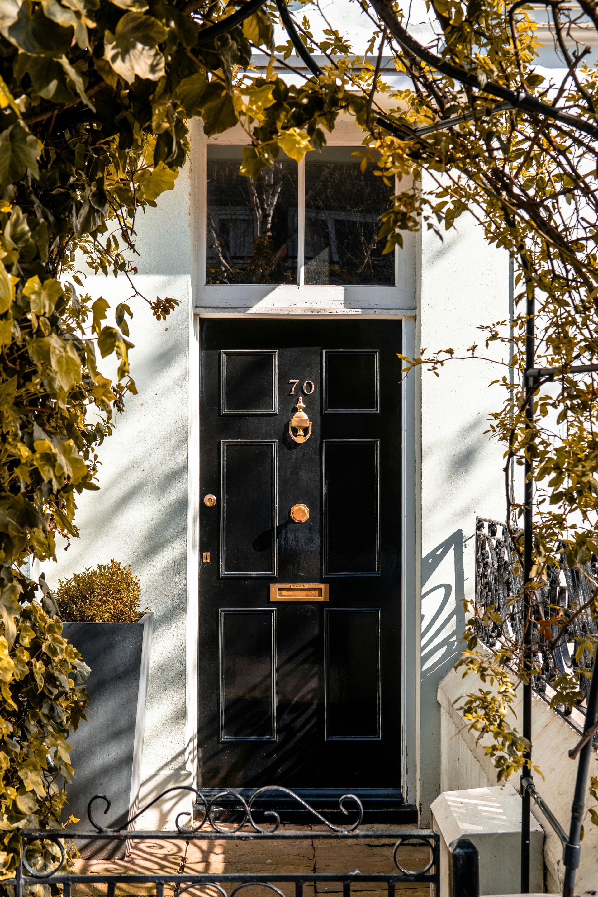 A black door with a gold door knocker is surrounded by trees.