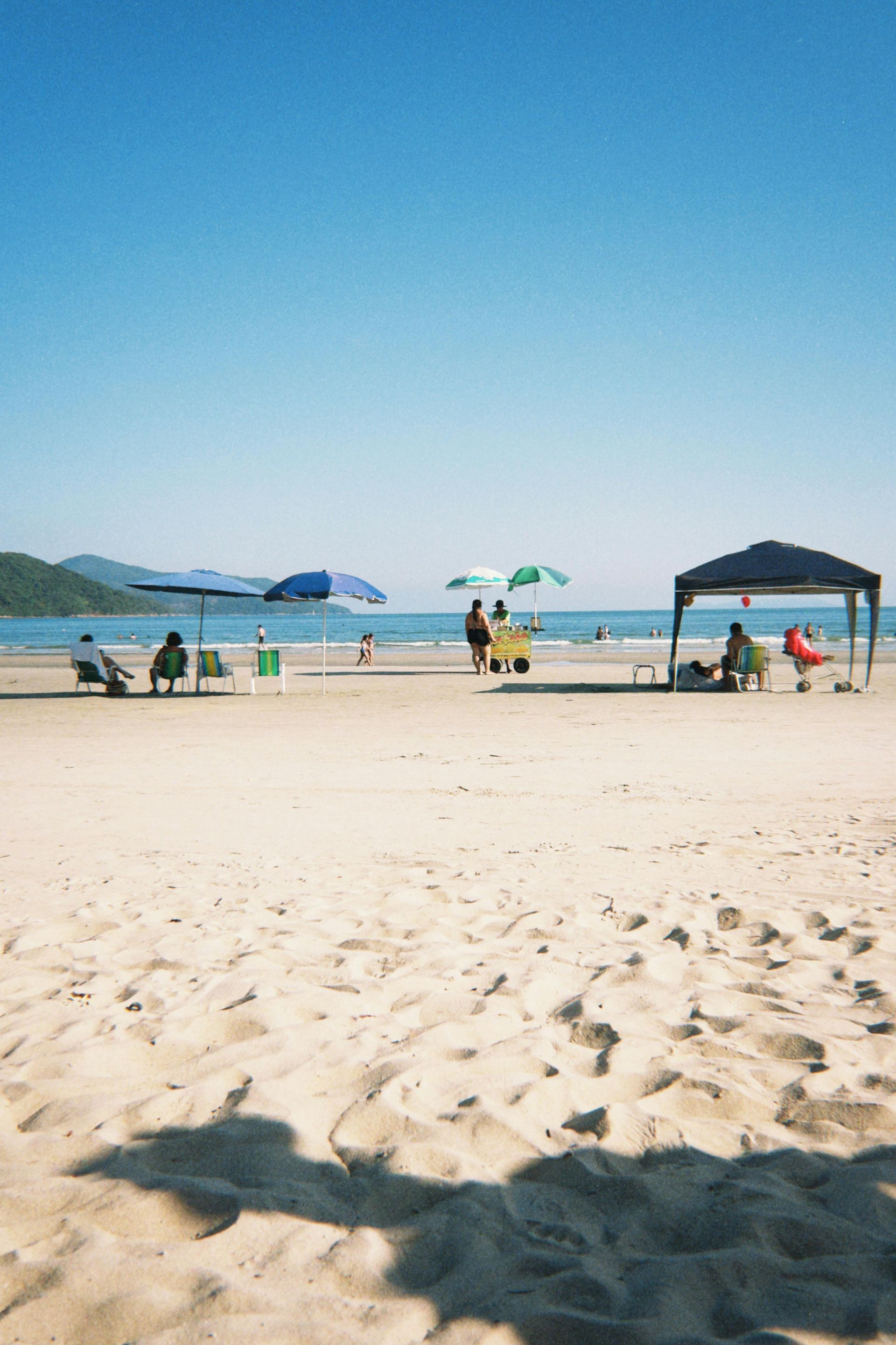 A beach with umbrellas and chairs in the sand