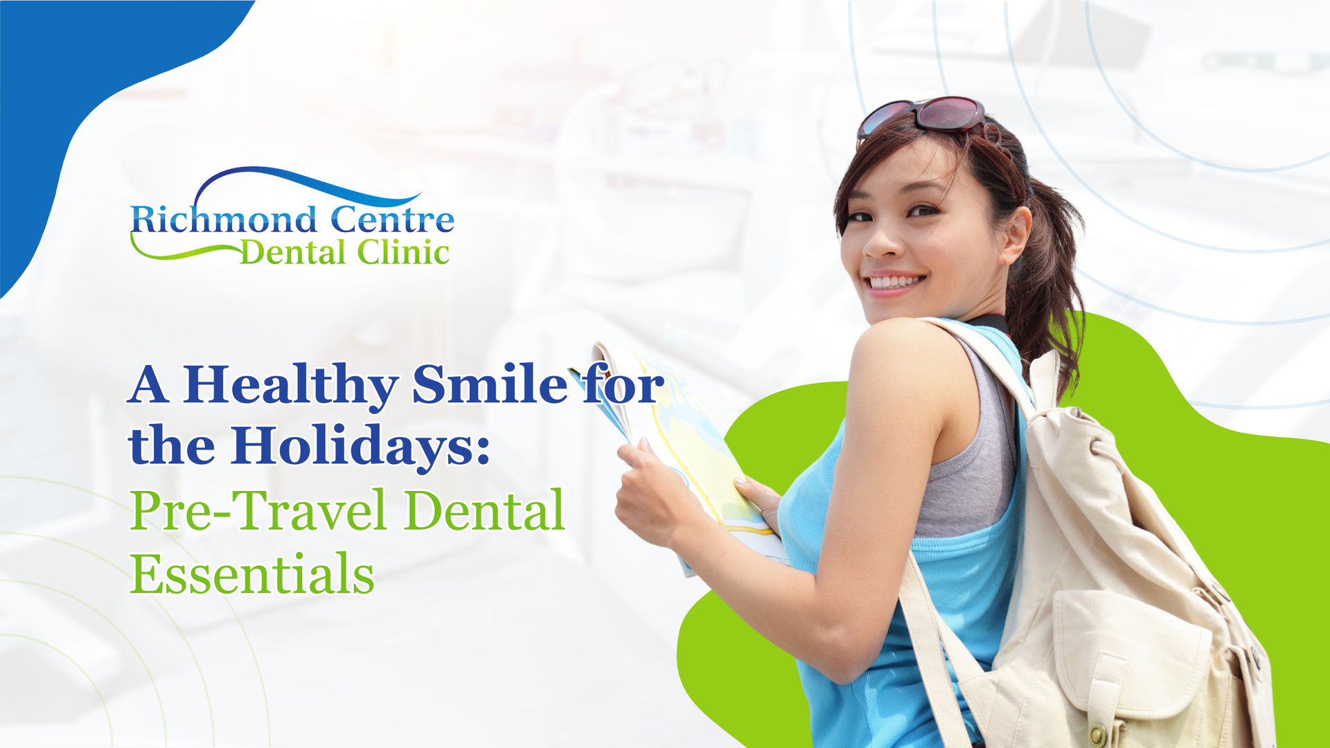 Promotional graphic: Woman smiling with a backpack, holding a map. Text: