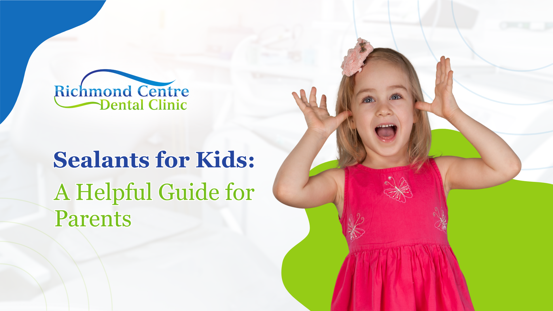 Young girl with a pink dress, hands on ears, smiling; text: