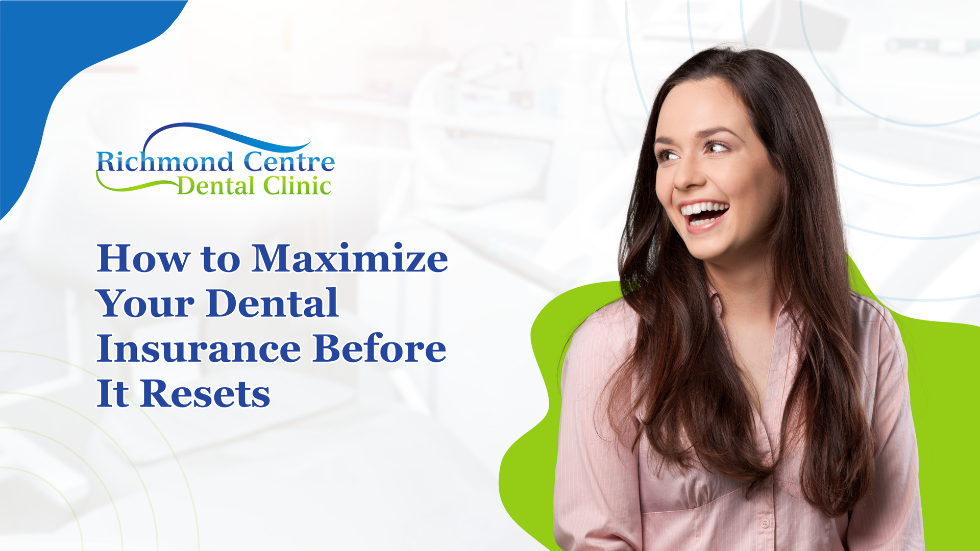 Woman smiling next to text: