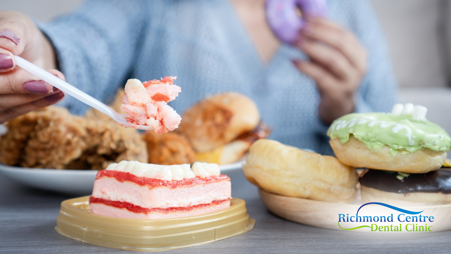 Person eating sugary foods: cake, donuts, and fried chicken.
