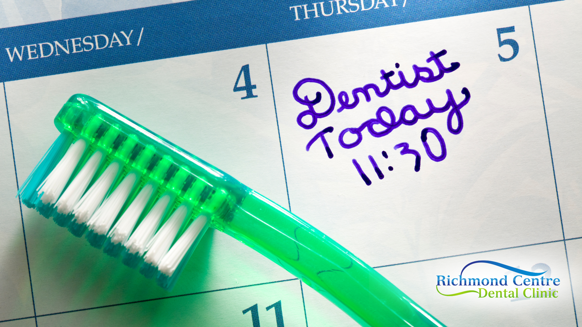 Green toothbrush on calendar, showing