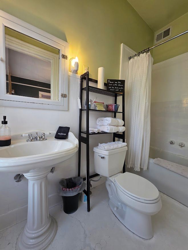 Bathroom with pedestal sink, toilet, shelves, and shower. White and green color scheme.