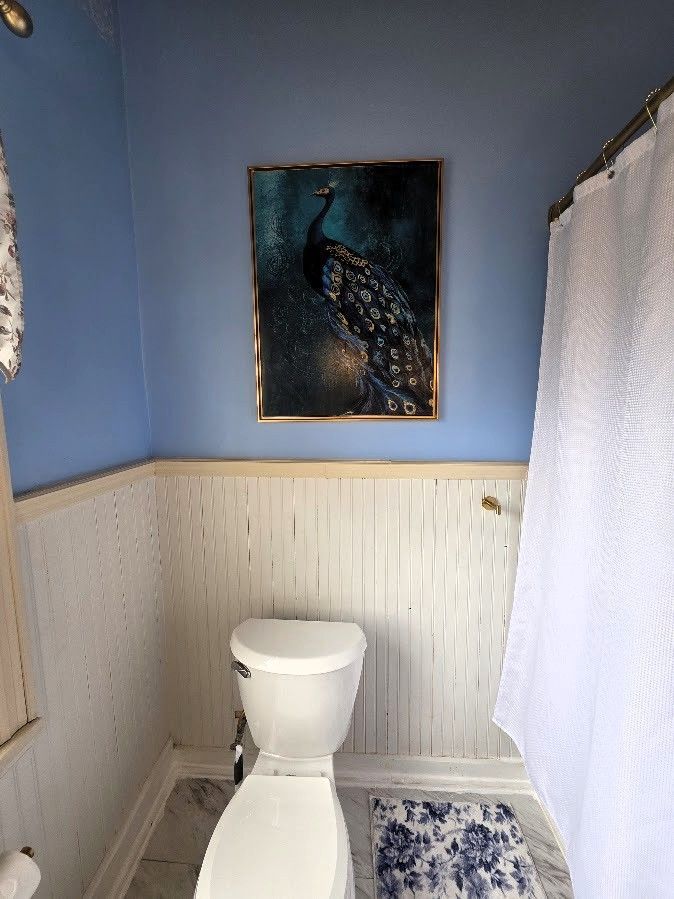 A blue-walled bathroom featuring wainscoting, a toilet, a shower curtain, and a framed painting of a peacock.
